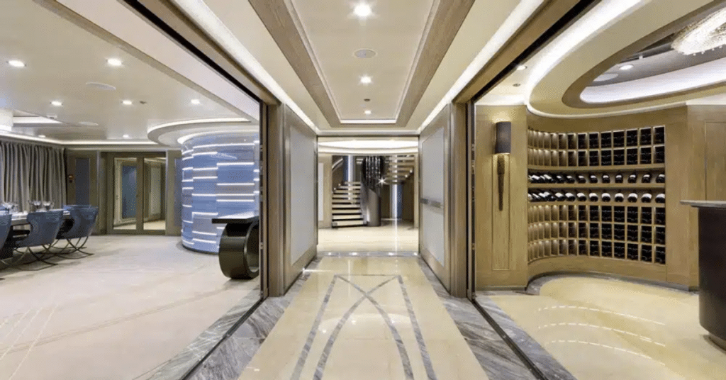 Luxury yacht interior with polished marble floors restored by Pacific Marble Restoration.