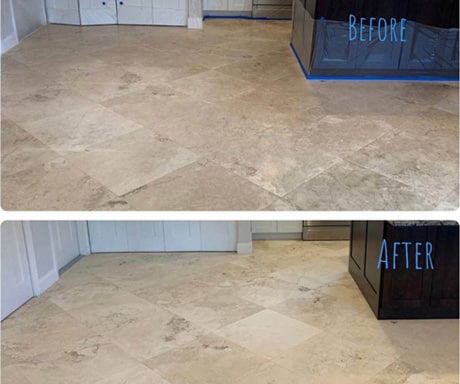 Before and after comparison showing marble floor refinishing with improved shine and surface clarity.