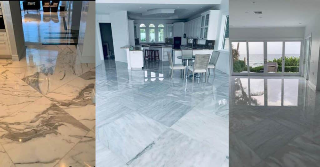 High-gloss marble floors in luxury residential spaces after professional restoration and polishing.