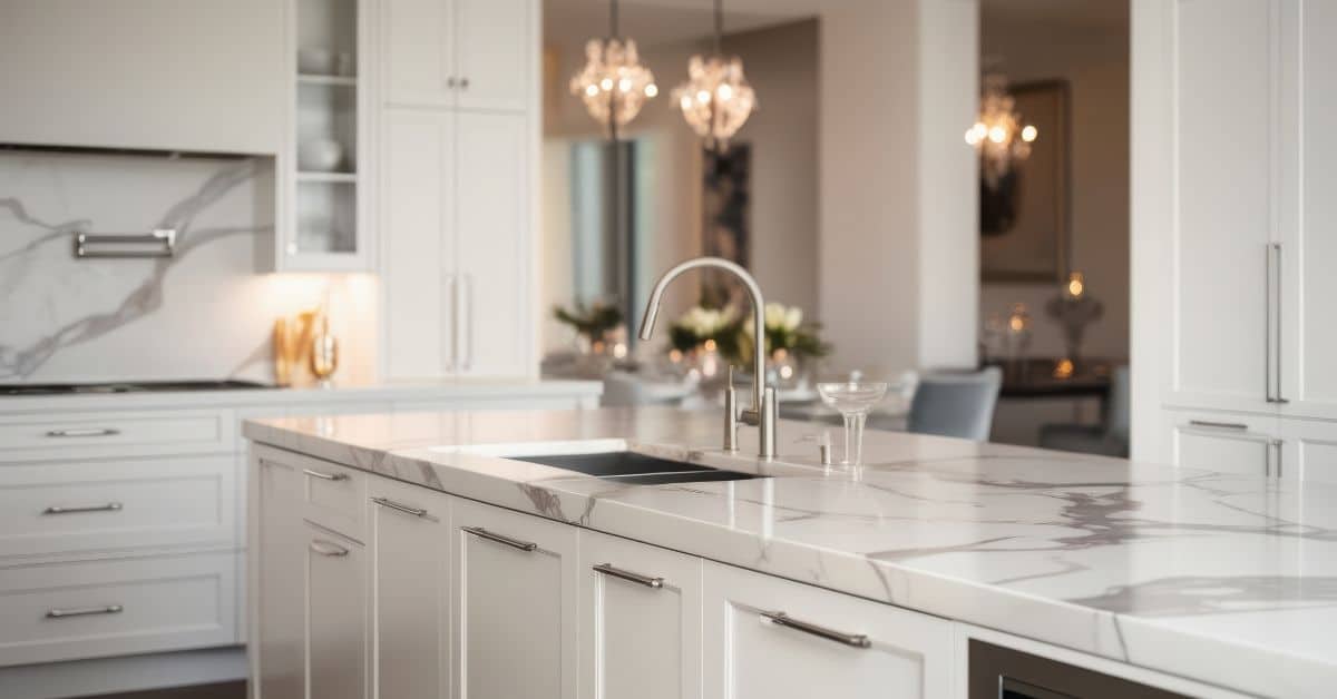 Granite and marble countertop cleaned with professional stone cleaner, showing a polished, streak-free surface